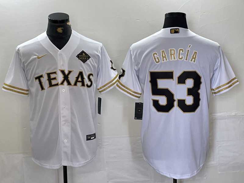 Men%27s Texas Rangers #53 Adolis Garcia White Gold Cool Base Stitched Baseball Jersey